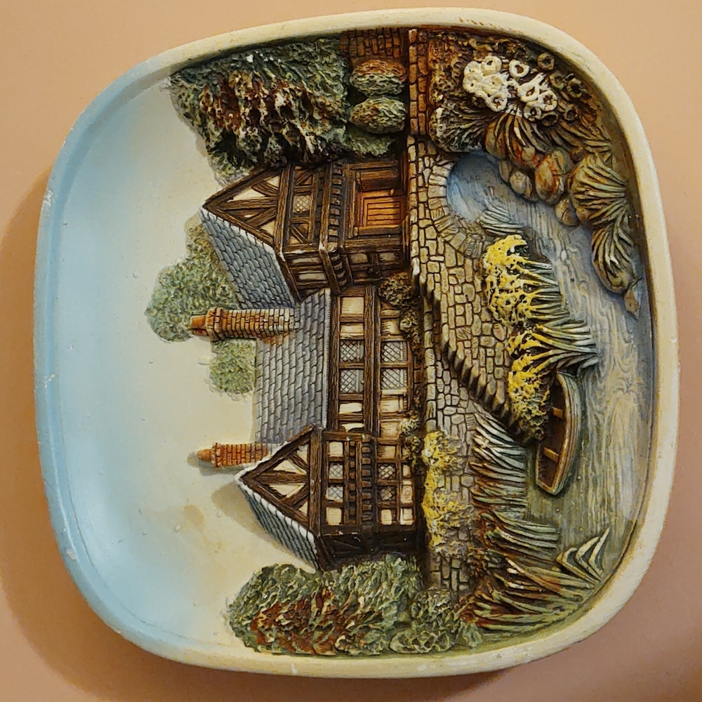 Vintage English Cottage, 3D Chalkware Plaque, Legend Product 1970s